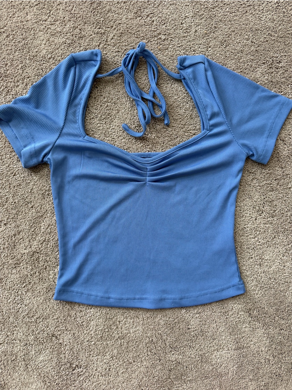 SHEIN Sky Blue Ribbed Tie-Shoulder Crop Top